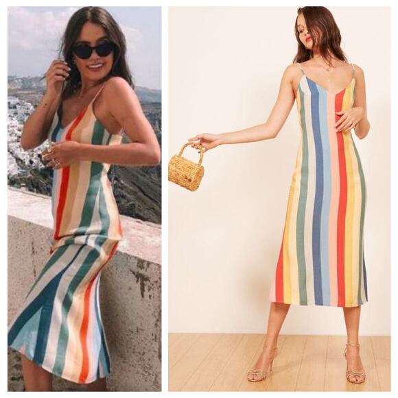 Reformation Dresses & Skirts - Reformation Rainbow Midi Dress 2 XS Striped V-neck spaghetti strap multicolor